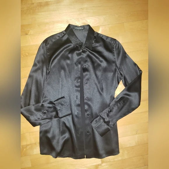 Dolce Gabbana Black 100% Silk tuxedo shirt pleated back pearl logo buttons M
